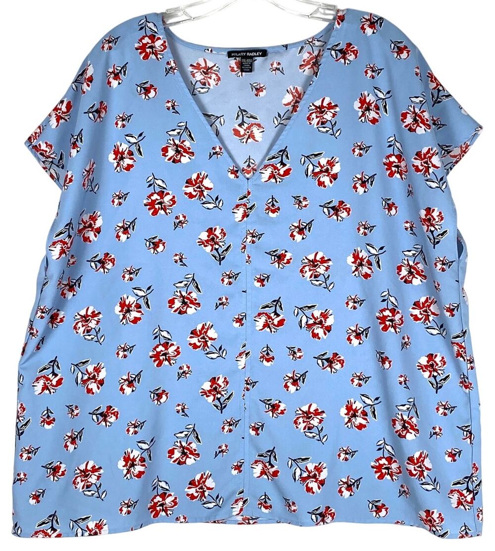 Hilary Radley Floral V Neck Blouse Womens XXL Blue Office Work Career Feminine